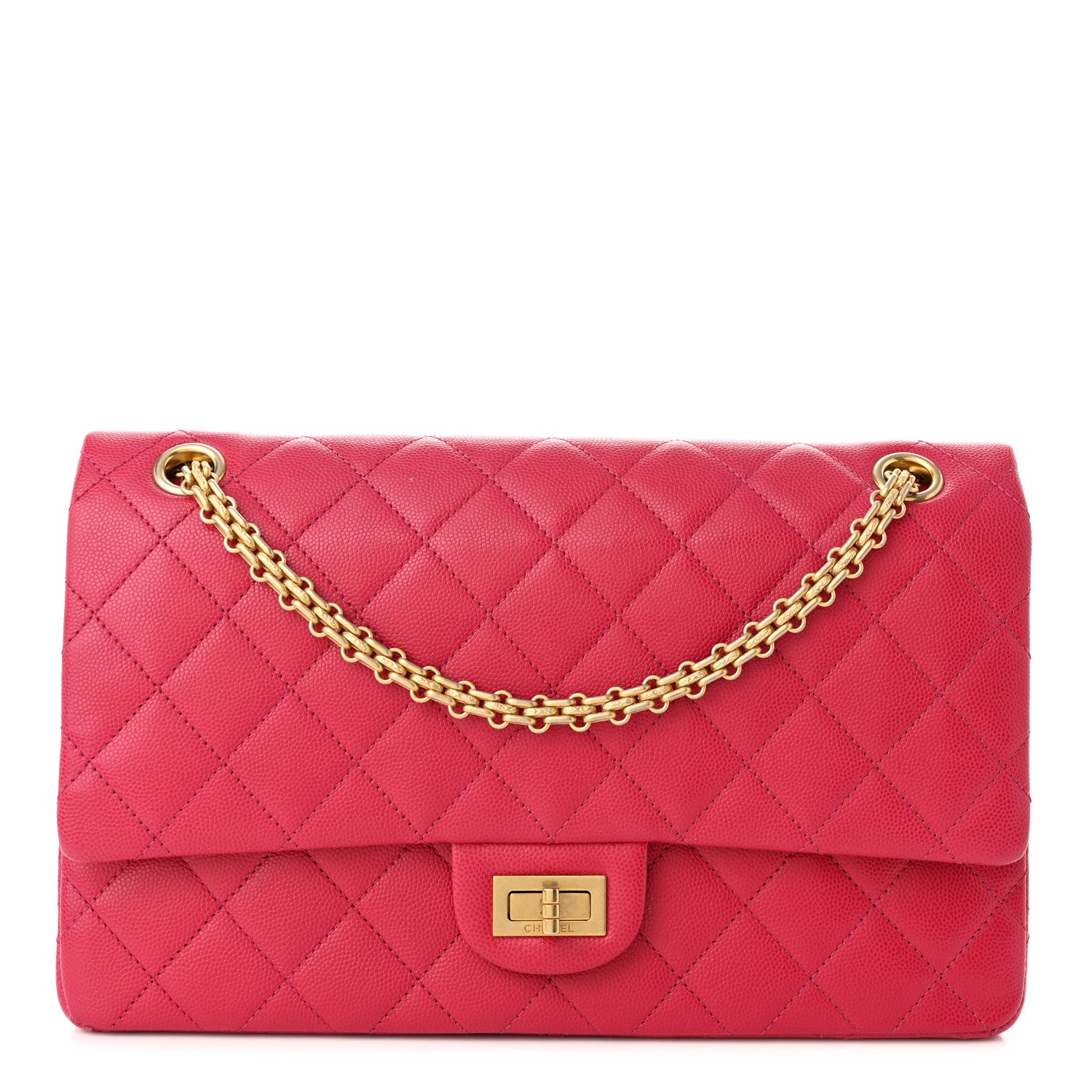 this is an image of a CHANEL Caviar Quilted 2.55 Reissue 226 Flap bag in the color Fuchsia by FASHIONPHILE