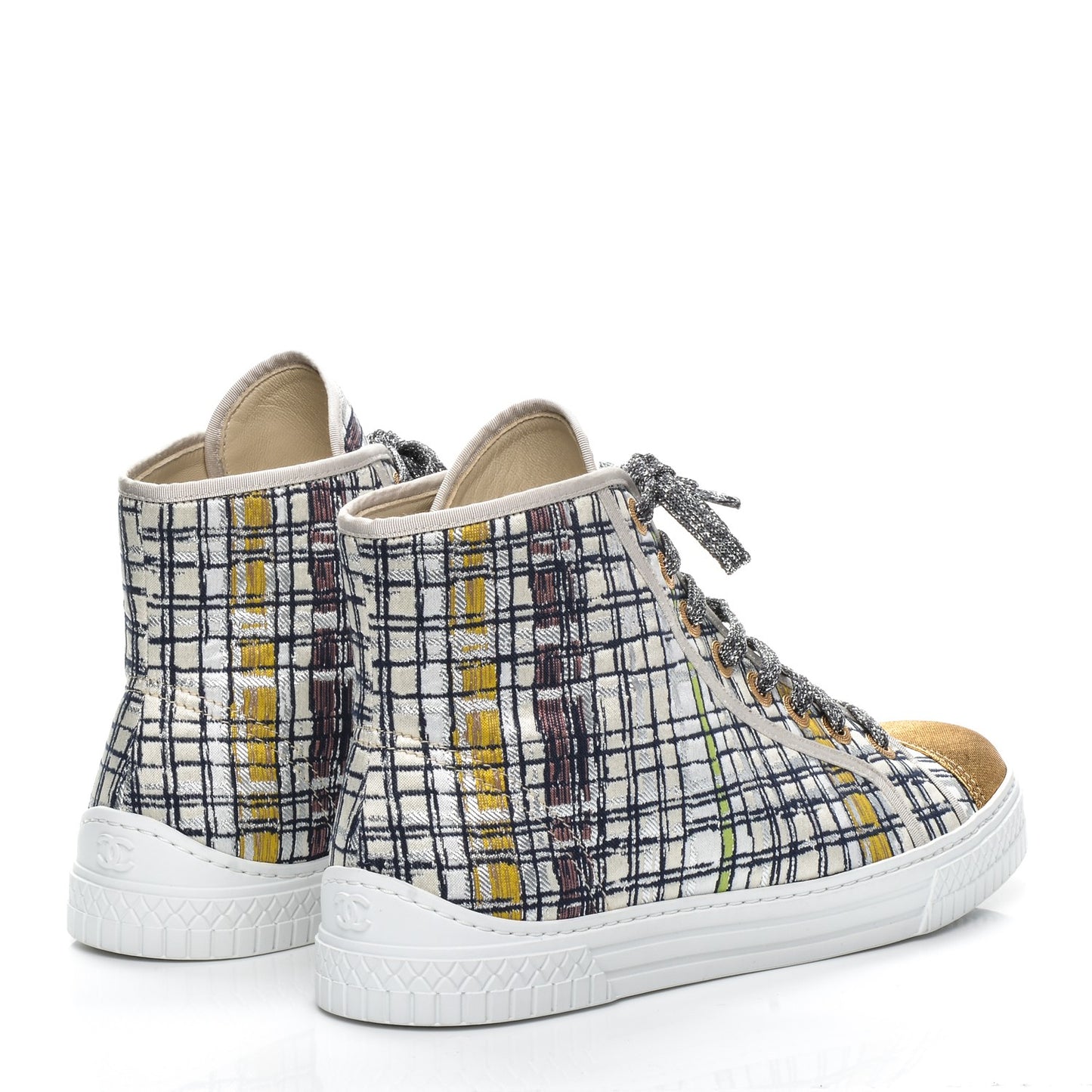 Metallic Tweed High Top Sneakers 40.5 Ecru Black Yellow Gold