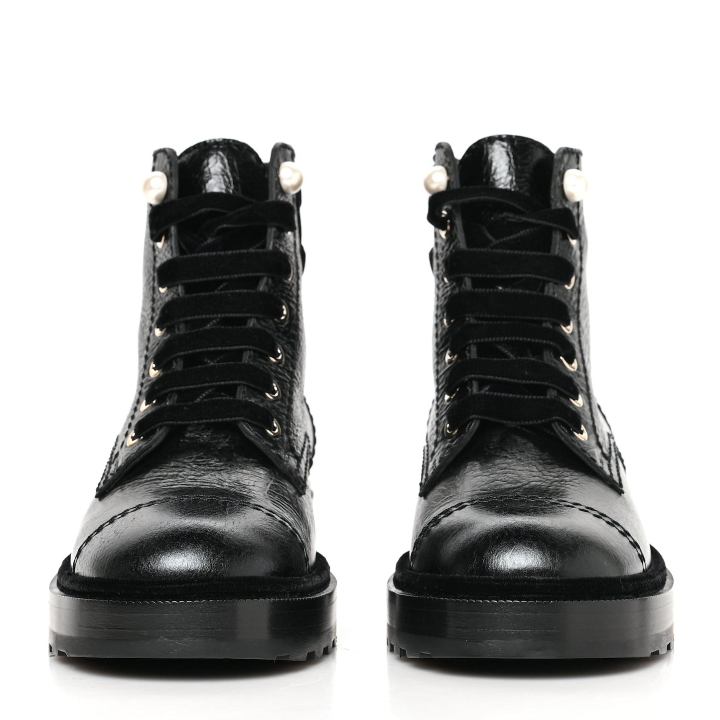 Shiny Calfskin Velvet Pearl Combat Short Boots 36.5 Black
