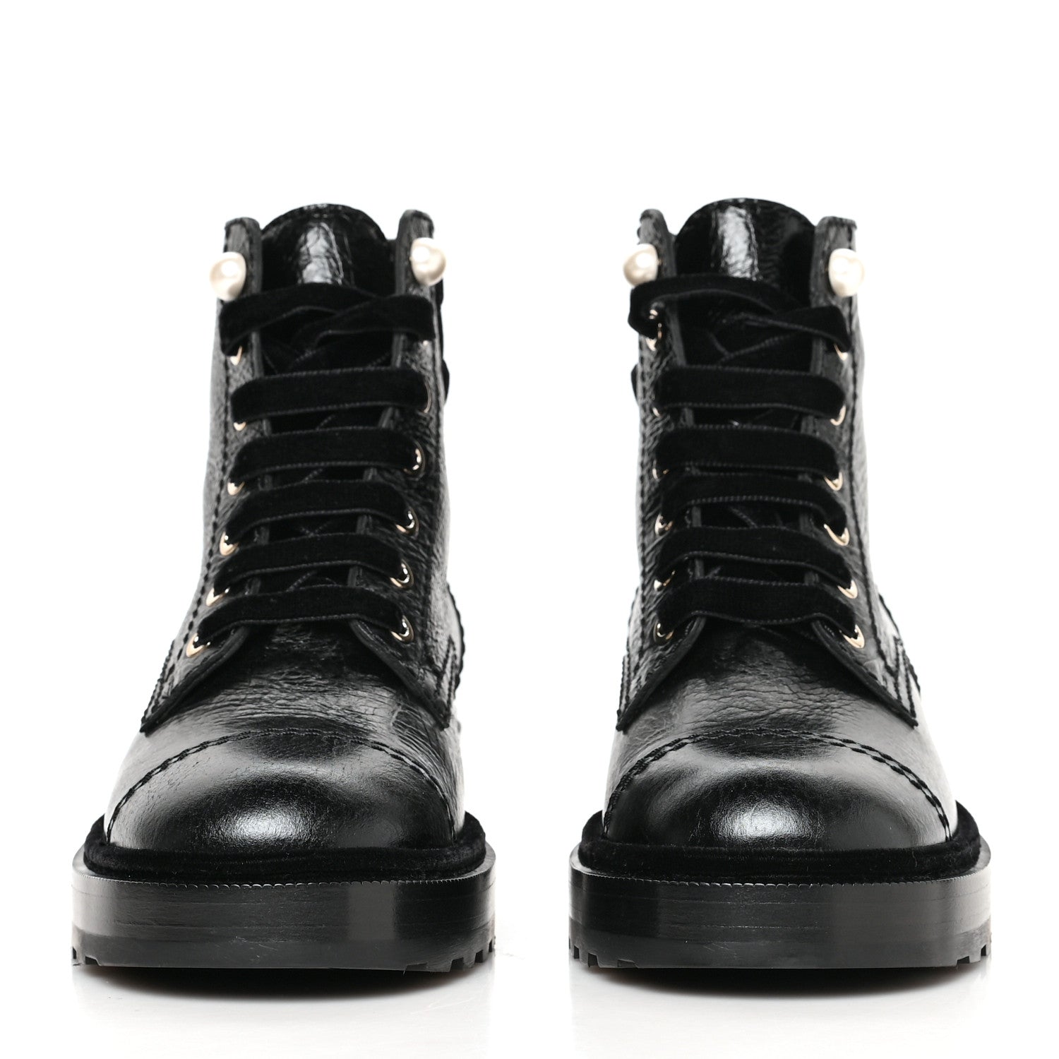 Chanel Shiny Calfskin Velvet Pearl Combat Short Boots 36.5 Black 2 of 7