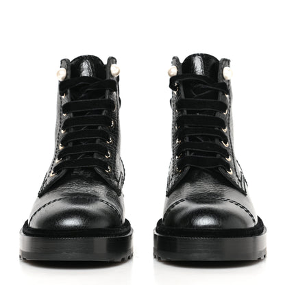 Chanel Shiny Calfskin Velvet Pearl Combat Short Boots 36.5 Black 2 of 7