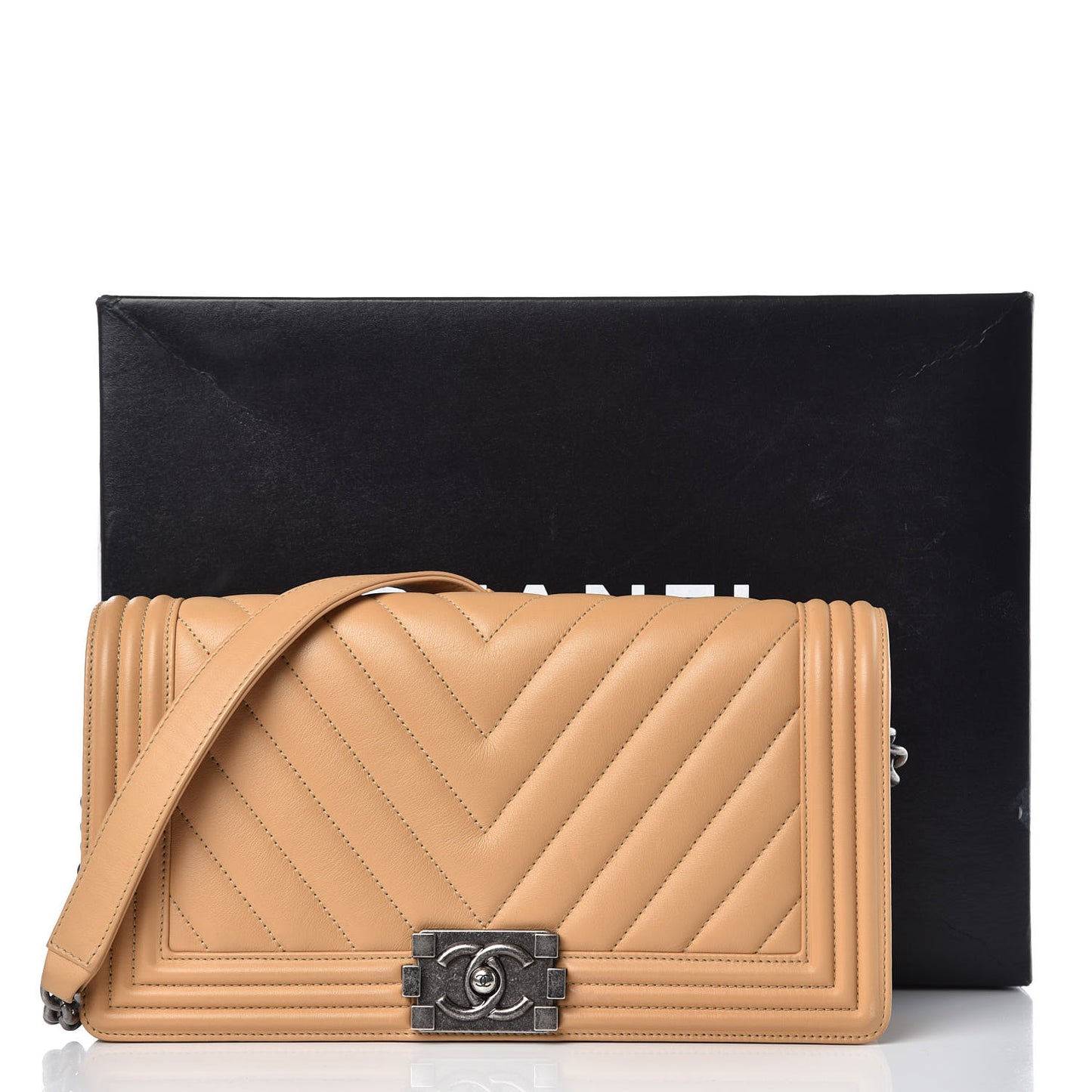 Calfskin Chevron Quilted Boy Convertible Clutch Flap Beige
