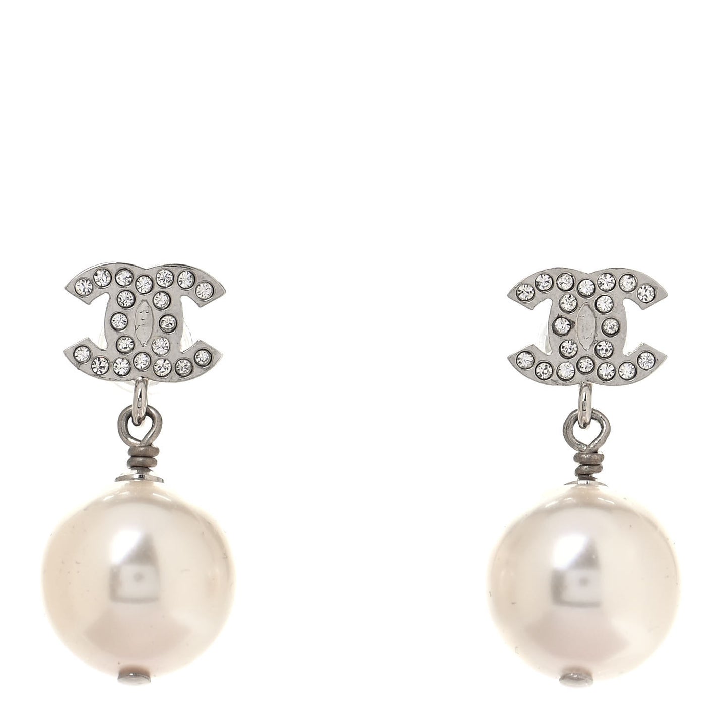 Crystal Pearl CC Drop Earrings Silver