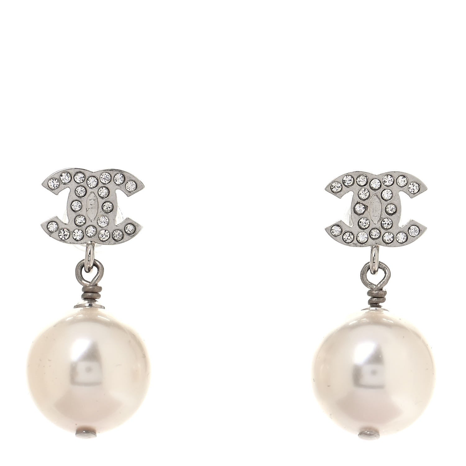 Chanel Crystal Pearl CC Drop Earrings Silver 1 of 4