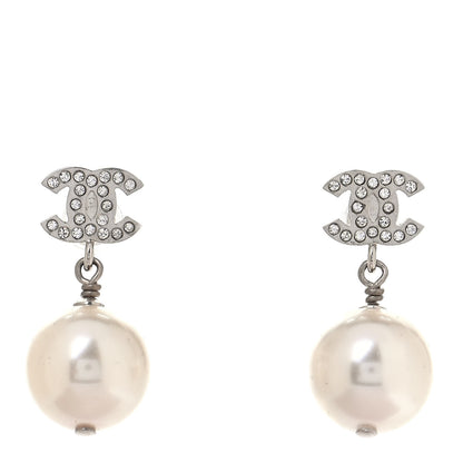 Chanel Crystal Pearl CC Drop Earrings Silver 1 of 4