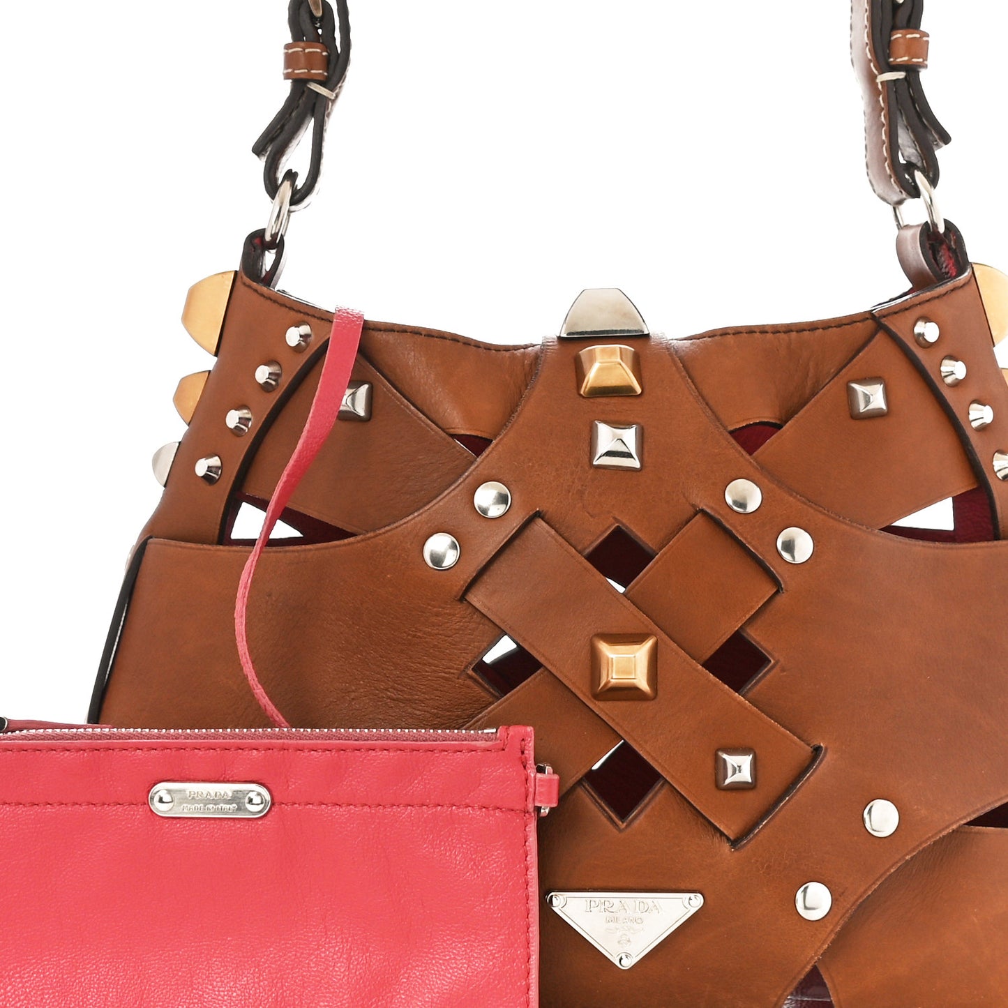 Woven Studded Lattice Shoulder Bag Brown