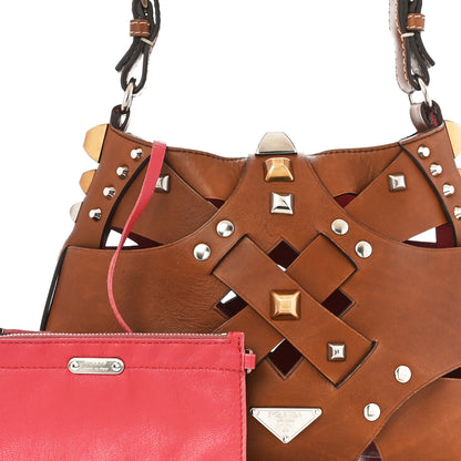 Prada Woven Studded Lattice Shoulder Bag Brown 7 of 9