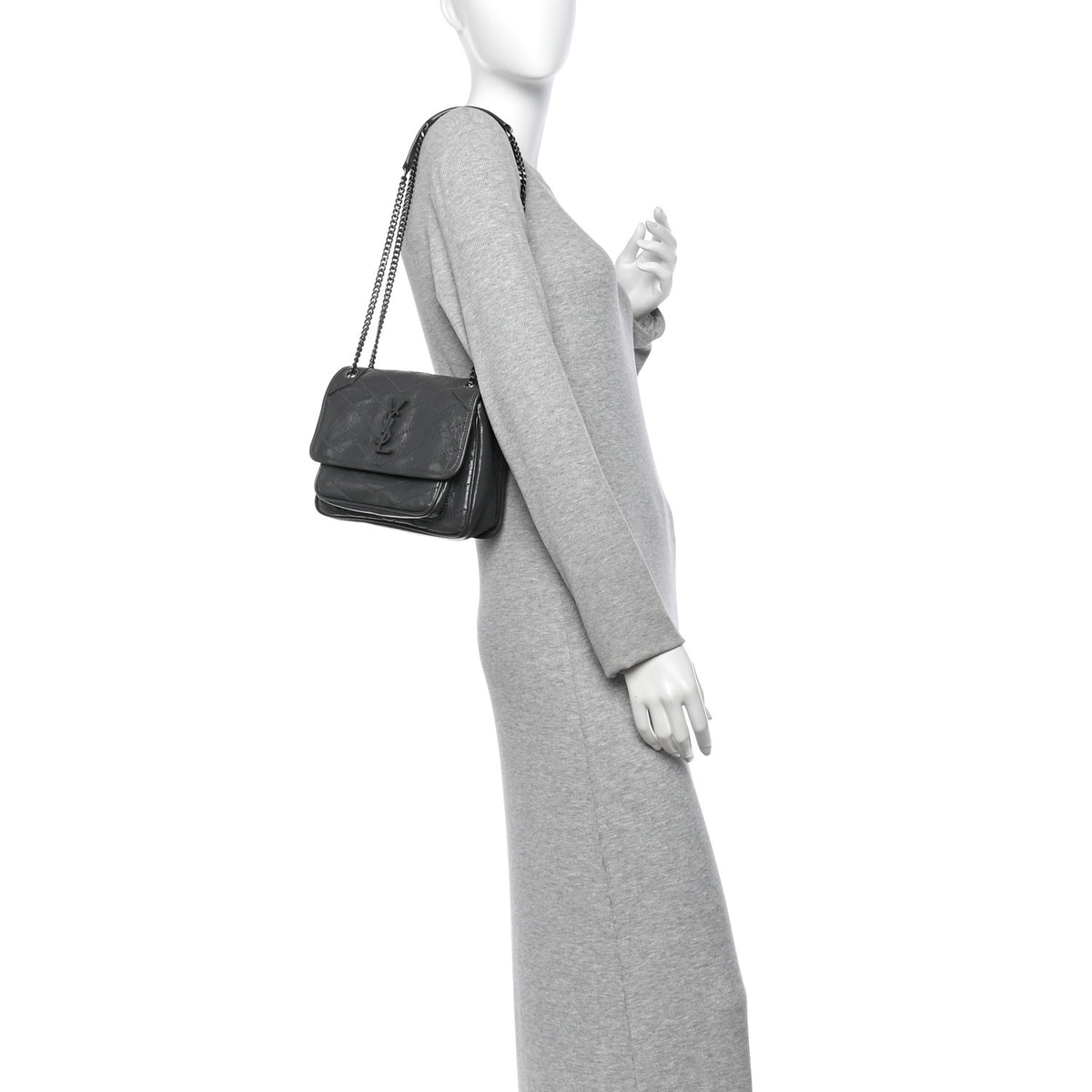 Saint Laurent Crinkled Calfskin Matelasse Monogram Baby Niki Chain Satchel Storm 2 of 10