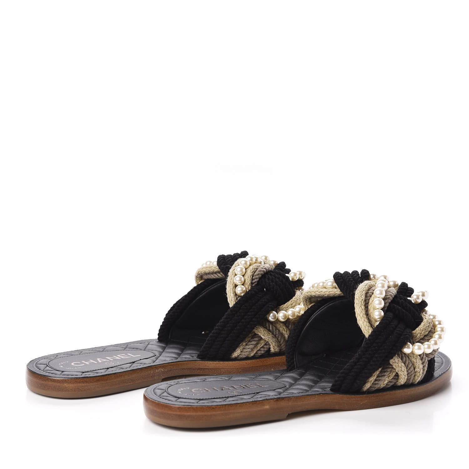 Chanel Lambskin Pearl Cord CC Mules 38 Black Beige 4 of 8