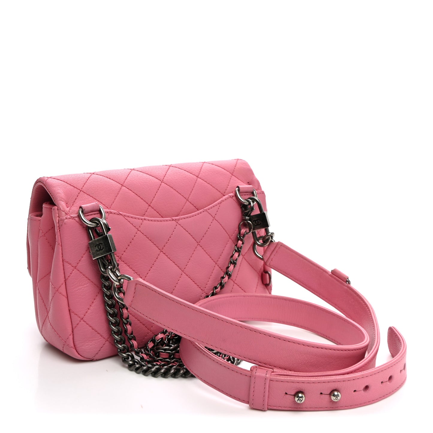 Shiny Goatskin Quilted Small Double Carry Waist Chain Flap Pink