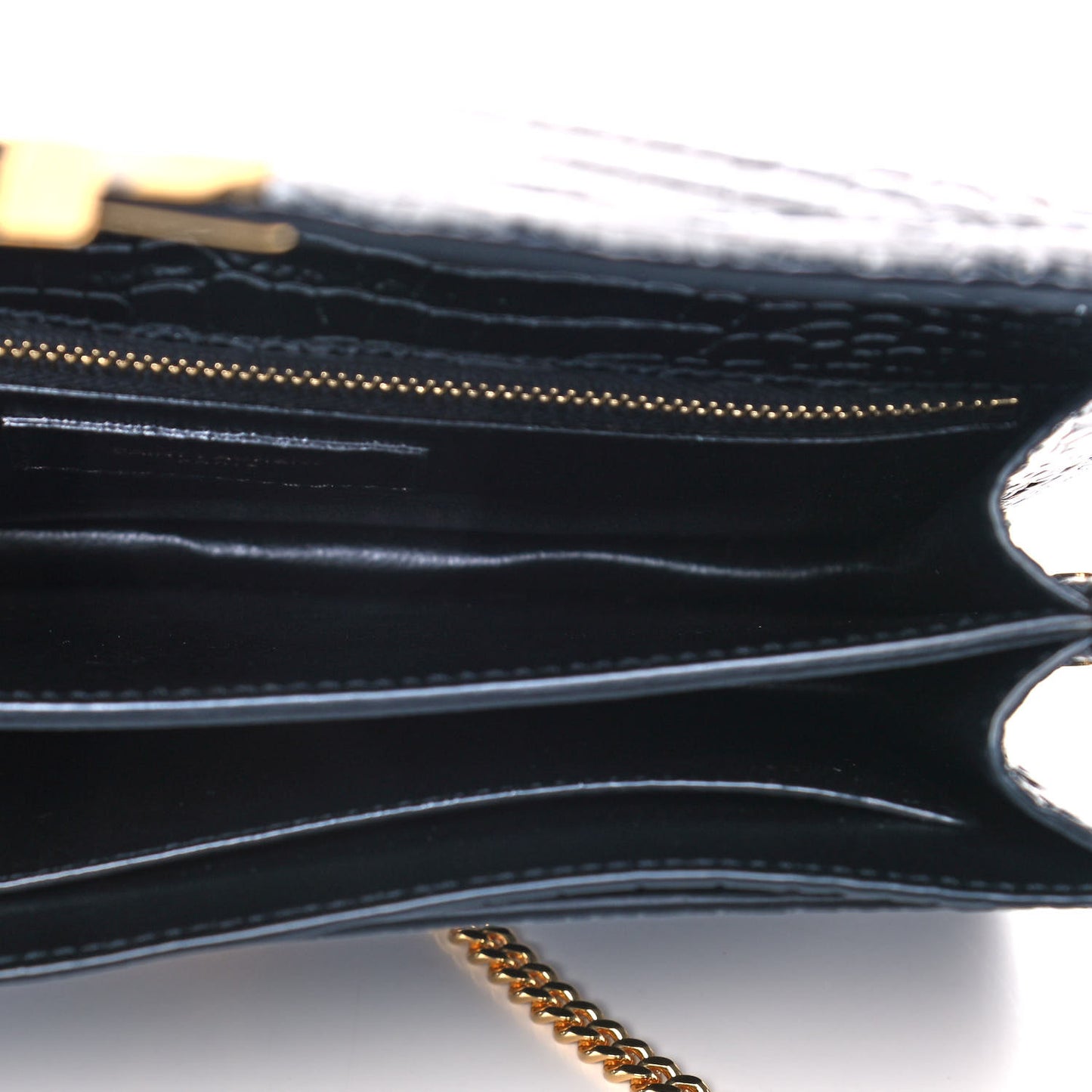 Patent Calfskin Crocodile Embossed Monogram Cassandra Chain Wallet Black