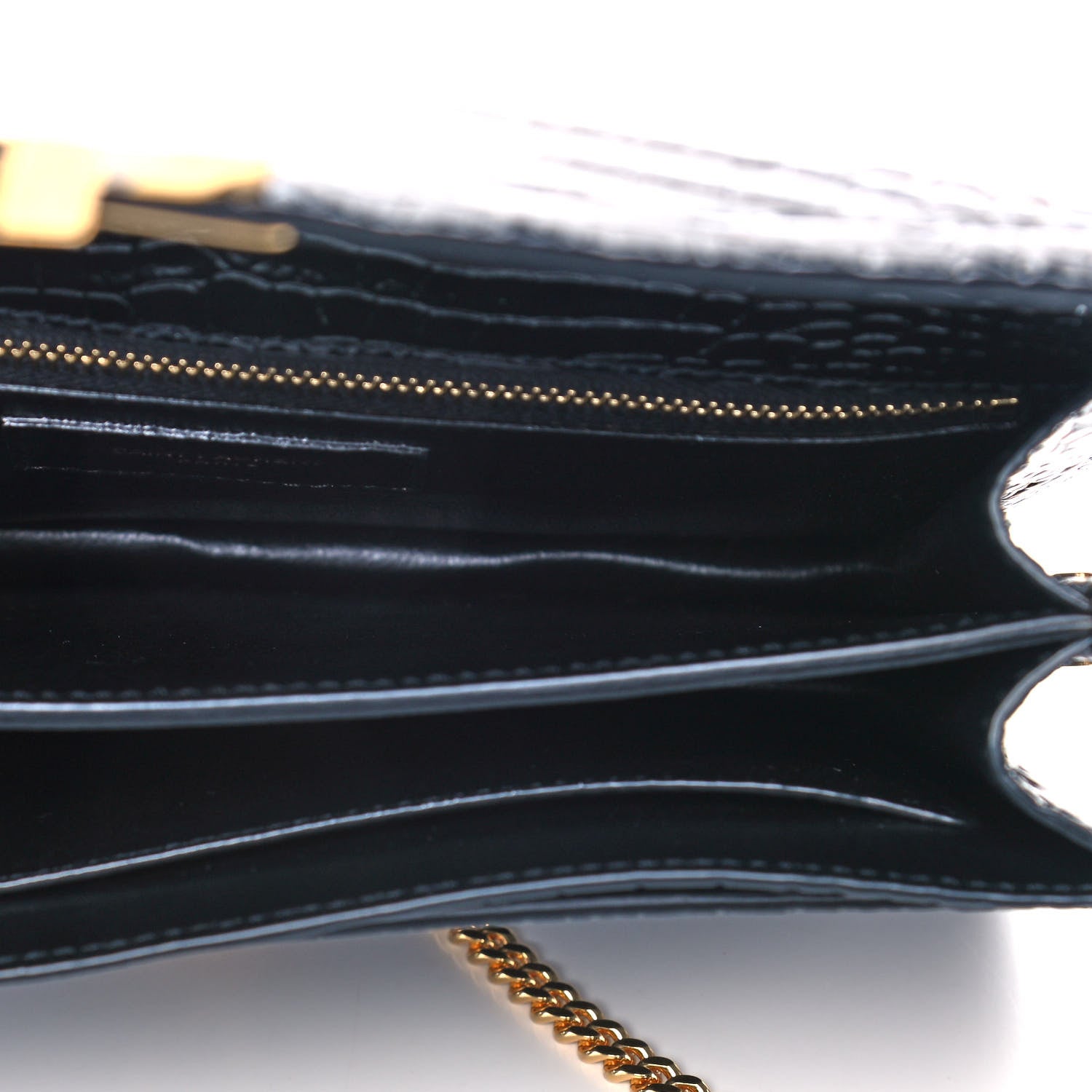 Saint Laurent Patent Calfskin Crocodile Embossed Monogram Cassandra Chain Wallet Black 5 of 12