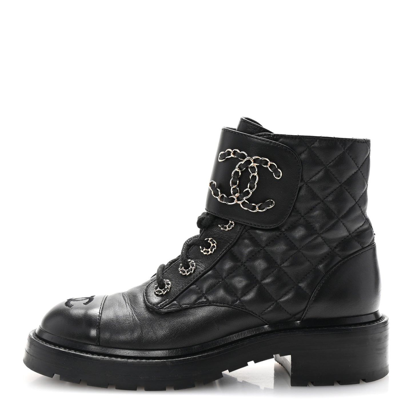 Shiny Lambskin Quilted Lace Up Combat Boots 37 Black