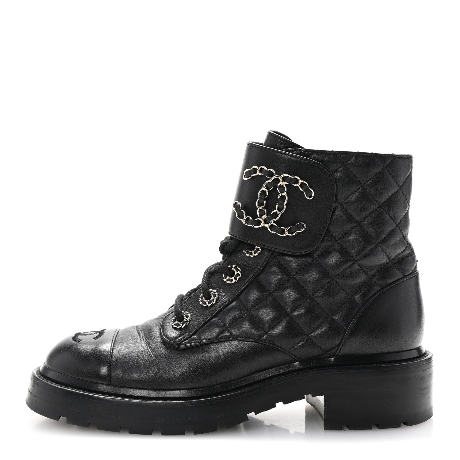 Chanel Shiny Lambskin Quilted Lace Up Combat Boots 37 Black 1 of 10
