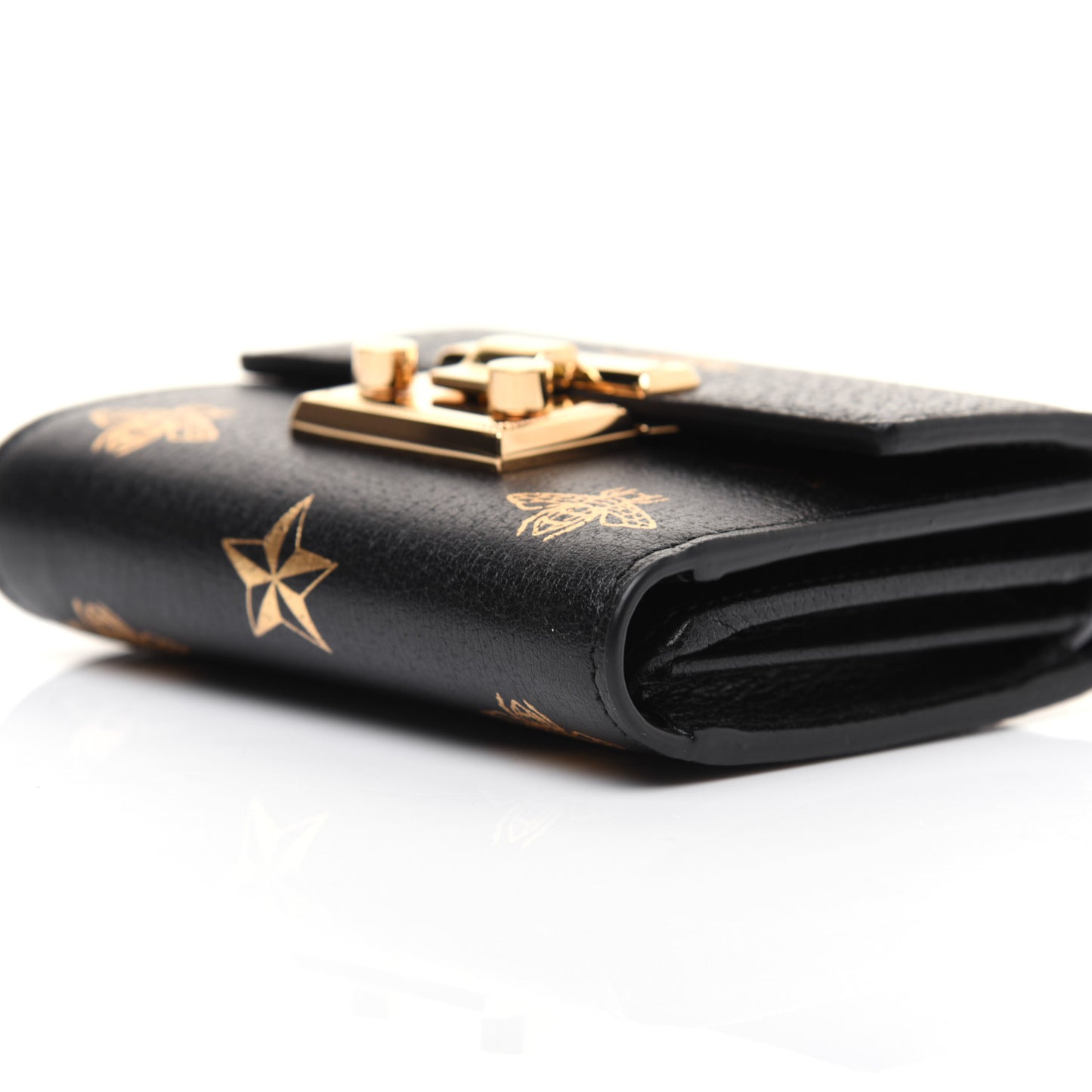 Calfskin Bee Star Print Padlock Wallet Black