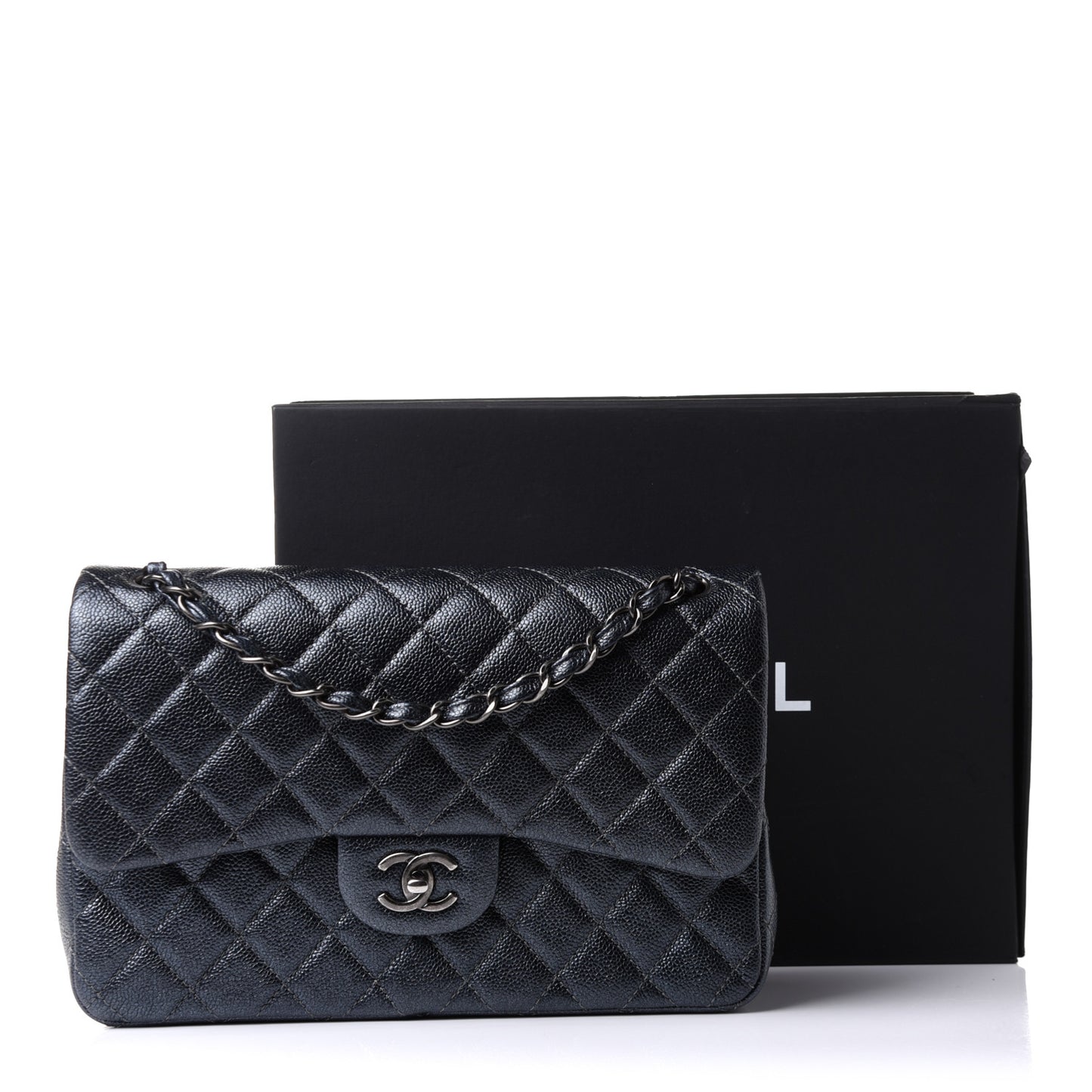 Metallic Caviar Quilted Jumbo Double Flap Dark Grey