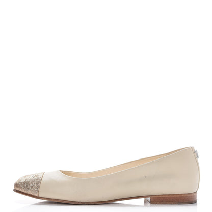 Chanel Lambskin Metallic Cap Toe Crystal CC Ballet Flats 38 Light Beige 1 of 12