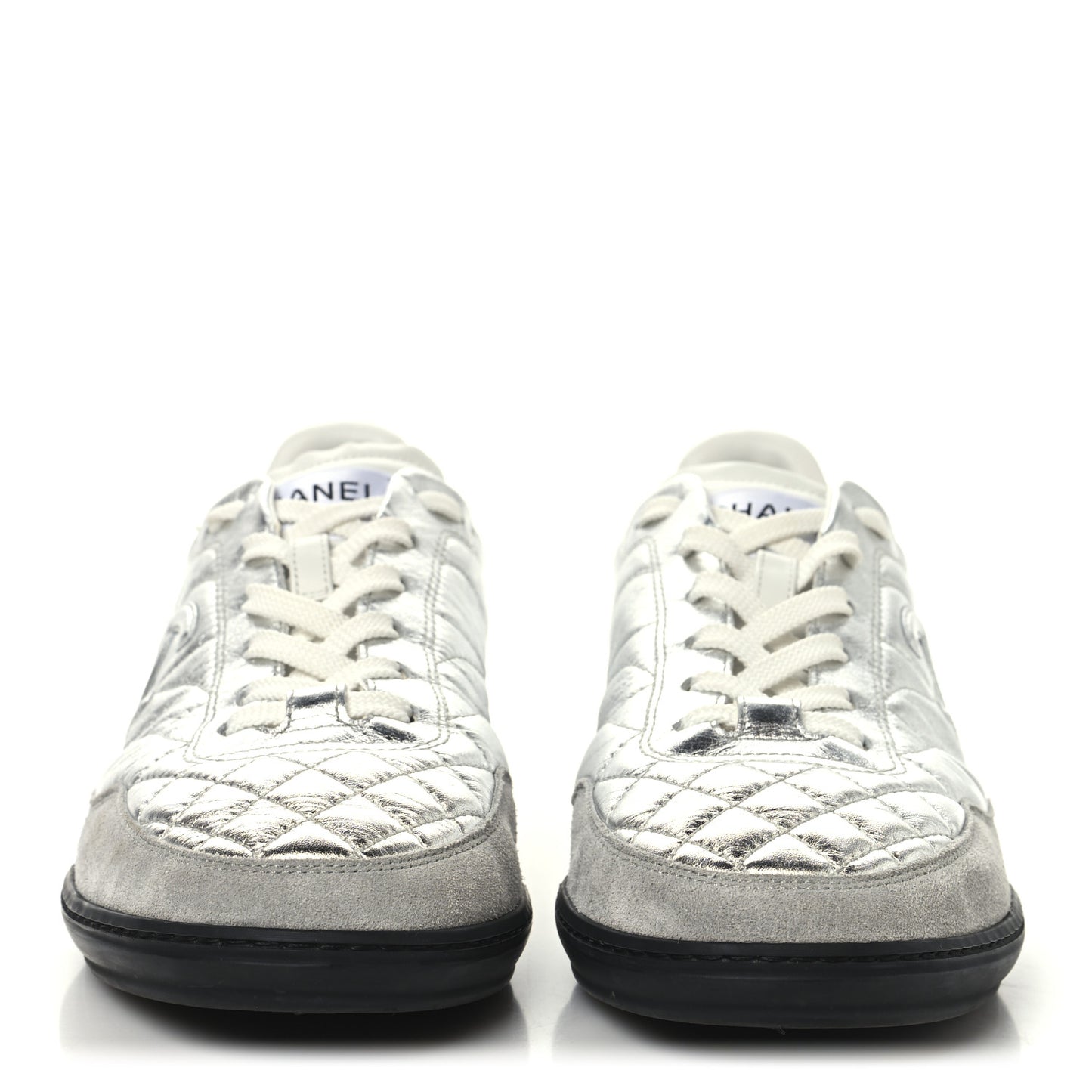 Laminated Calfskin Suede Quilted Womens CC Sneakers 41 Silver White Gray