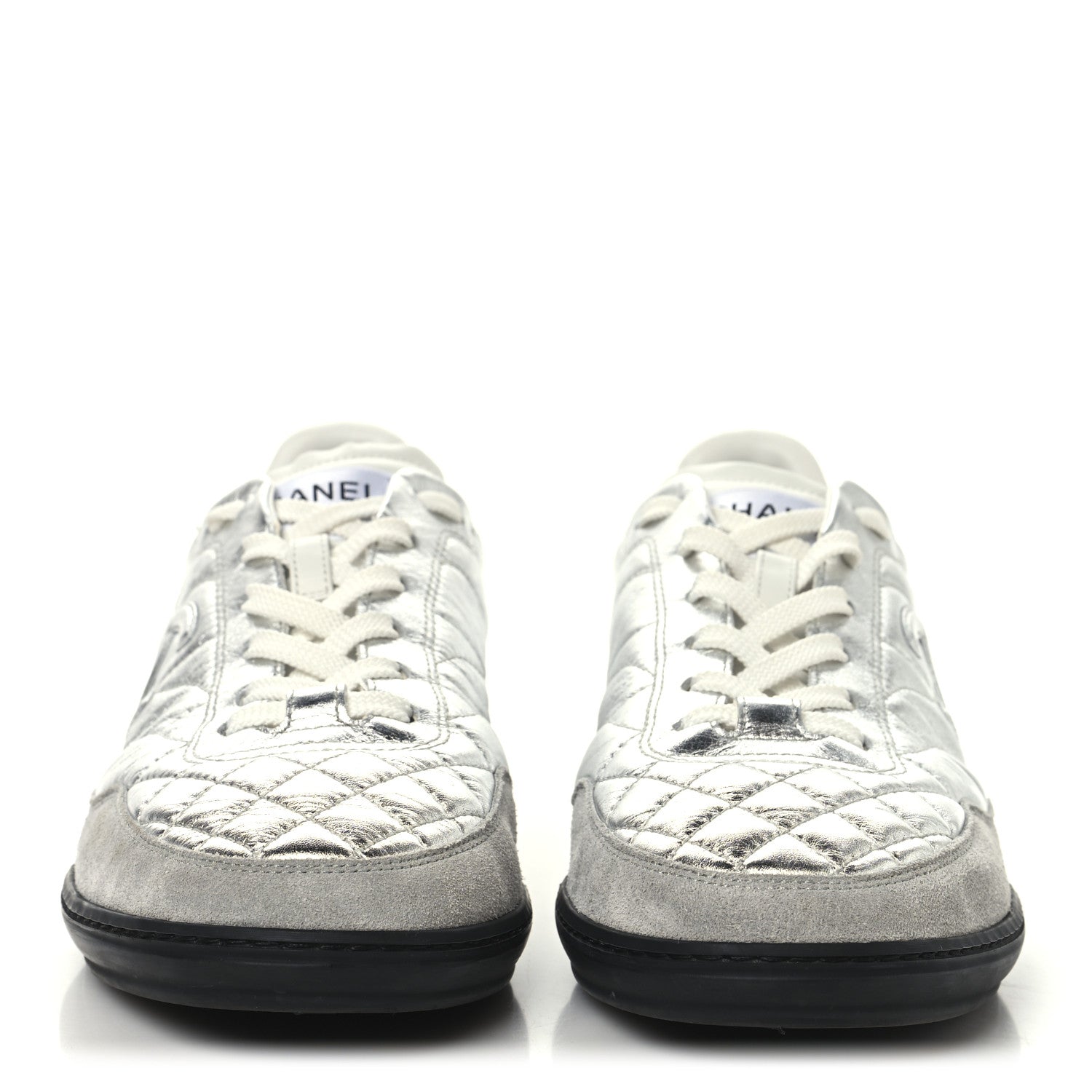 Chanel Laminated Calfskin Suede Quilted Womens CC Sneakers 41 Silver White Gray 3 of 8