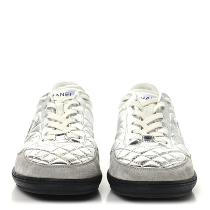 Chanel Laminated Calfskin Suede Quilted Womens CC Sneakers 41 Silver White Gray 3 of 8