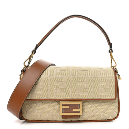 Fendi Raffia Vitello King Lucido FF Embroidered Baguette Alchemy Brandy 1 of 11