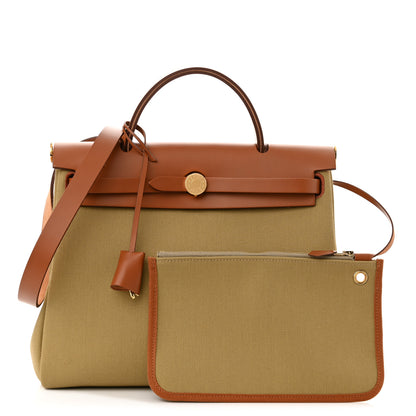 Hermes Military Toile Vache Hunter Herbag Zip Retourne 31 PM Poussiere Fauve 1 of 9