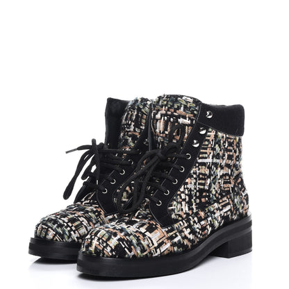 Chanel Tweed Lace Up Short Boots 38.5 Green Brown Black 3 of 10