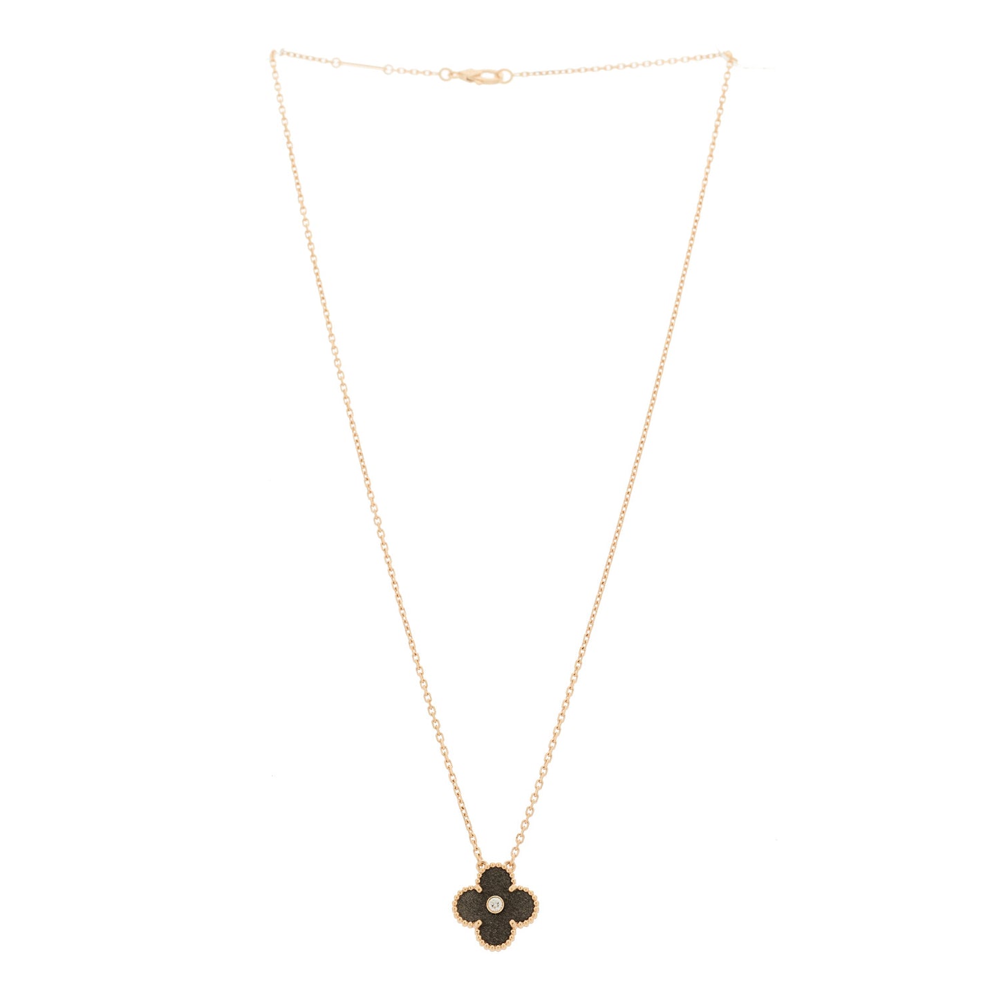 18K Rose Gold Diamond Silver Obsidian Vintage Alhambra Pendant Necklace