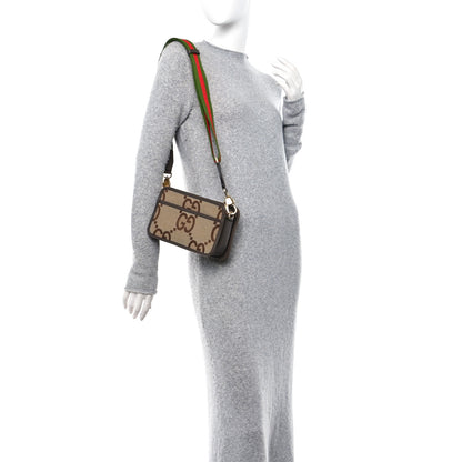 Gucci Monogram Jumbo GG Textured Dollar Calfskin Web Mini Crossbody Bag Camel Ebony New Acero 2 of 16