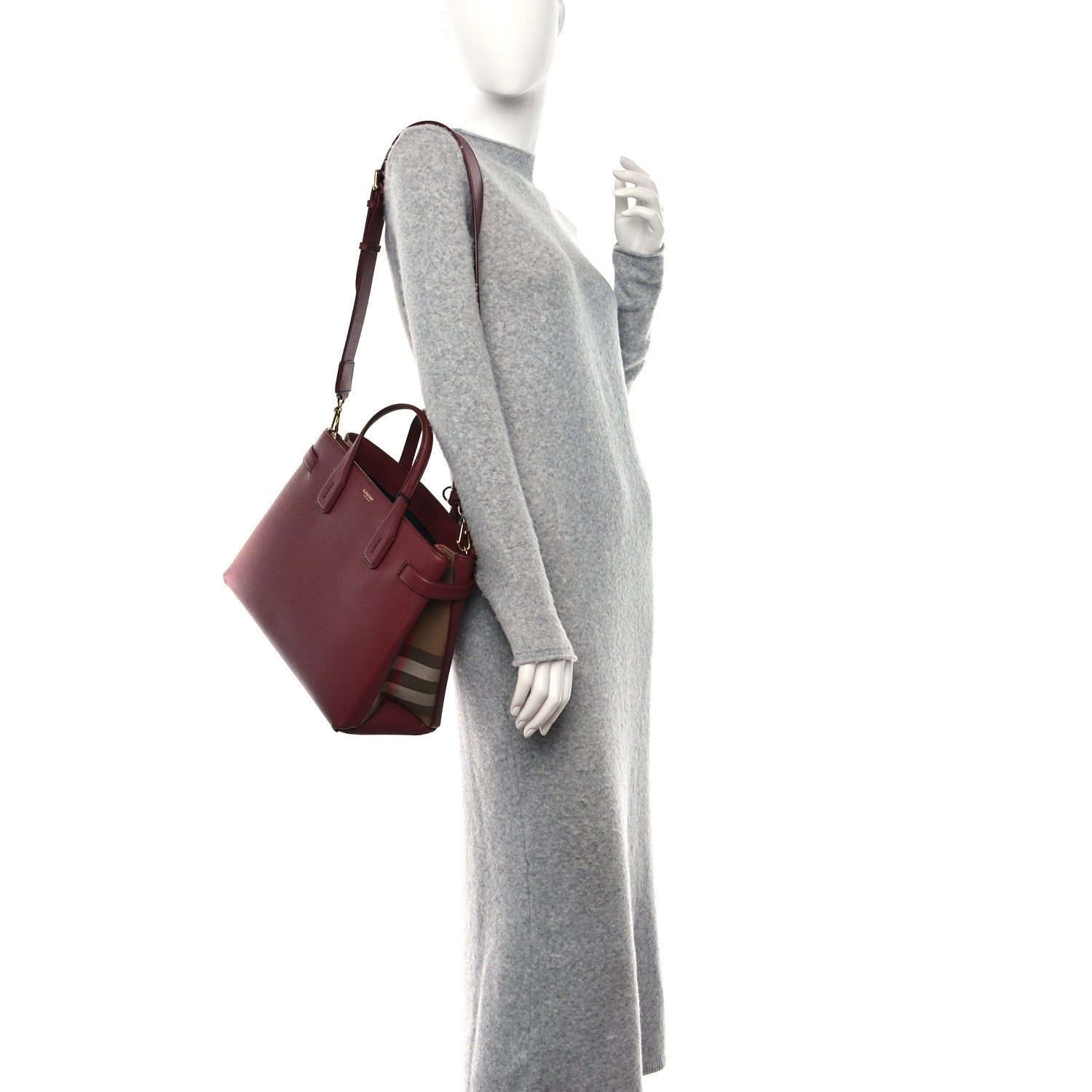 Burberry Grainy Calfskin House Check Medium Banner Tote Mahogany Red 2 of 8