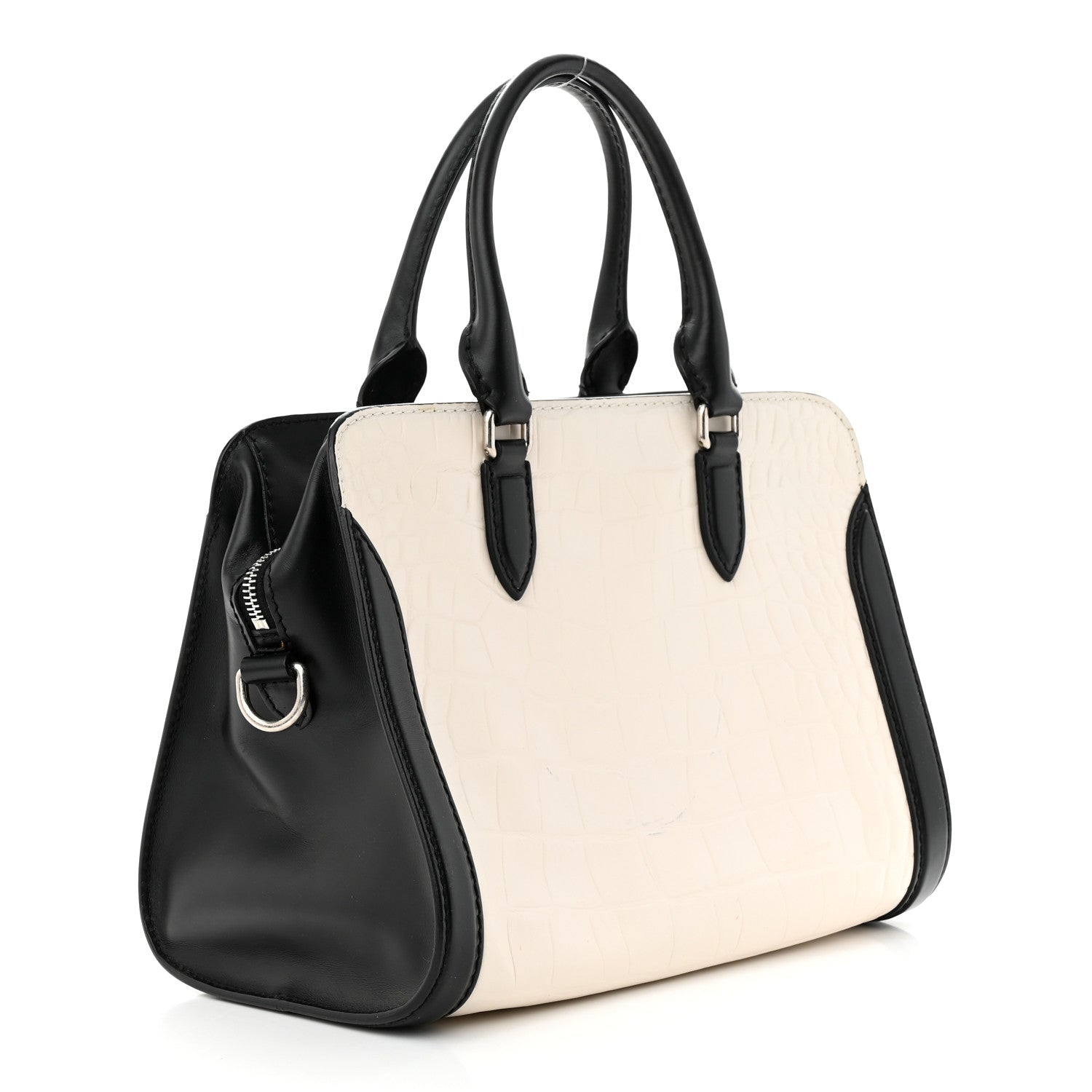 Alexander McQueen Calfskin Crocodile Embossed Small Skull Padlock Zip Around Tote White Black 3 of 13