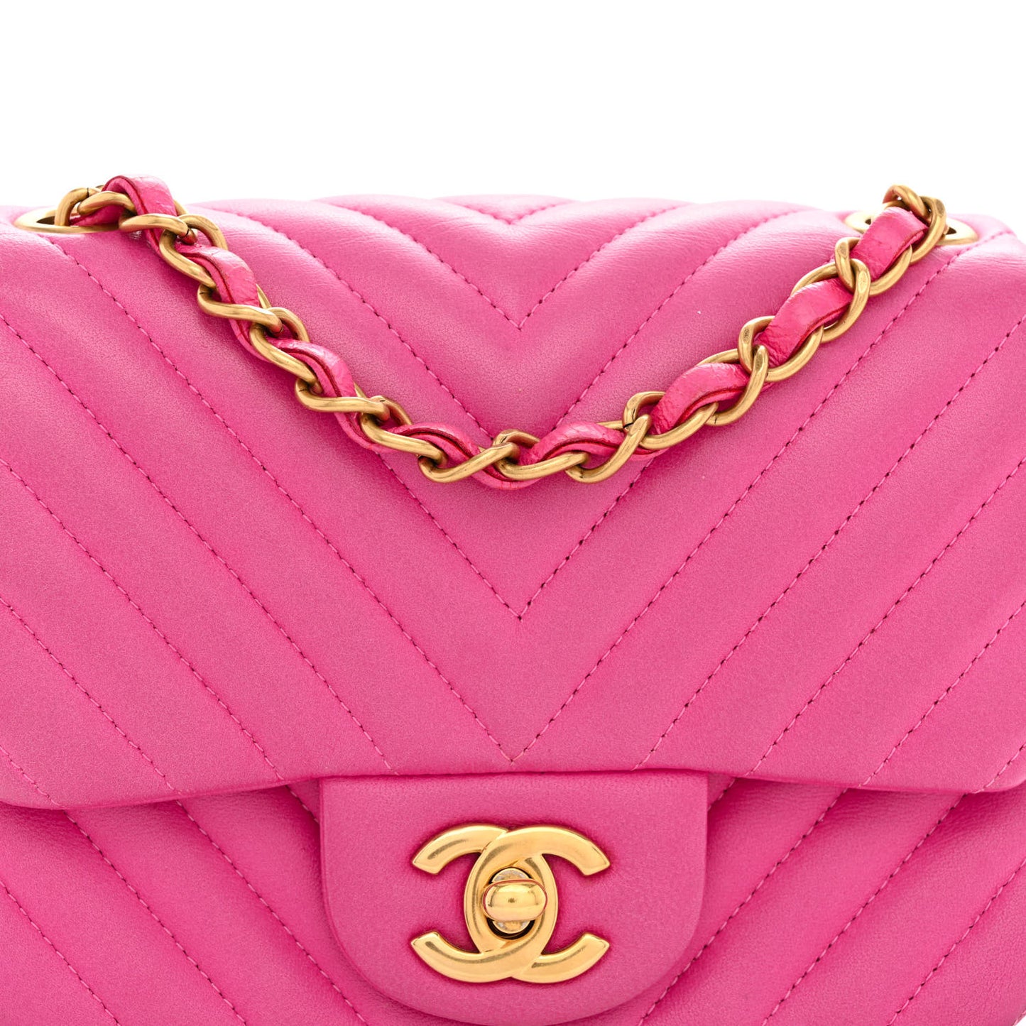 Lambskin Chevron Quilted Mini Square Flap Fuchsia
