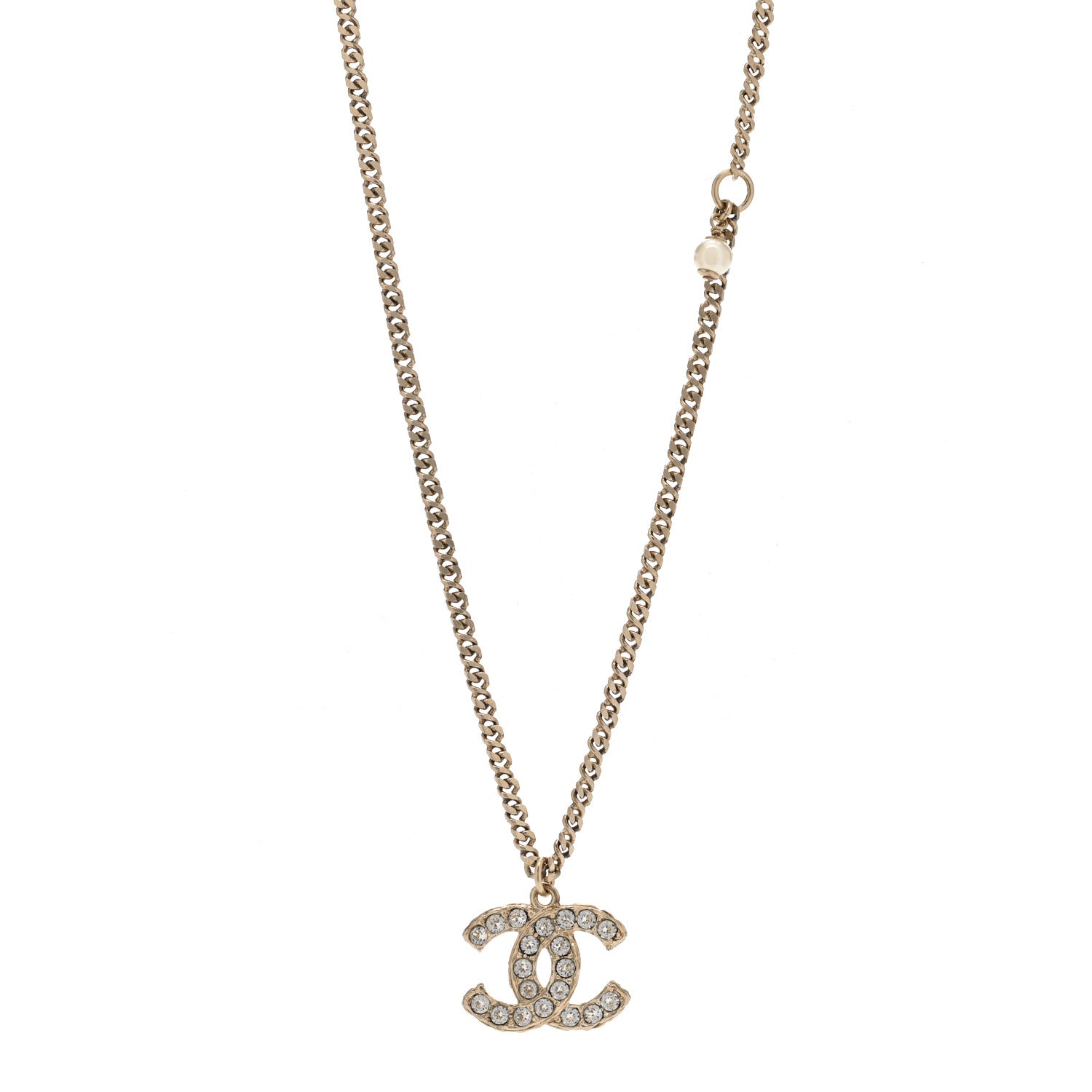 Chanel Metal Pearl Crystal CC Textured Pendant Necklace Gold 1 of 5