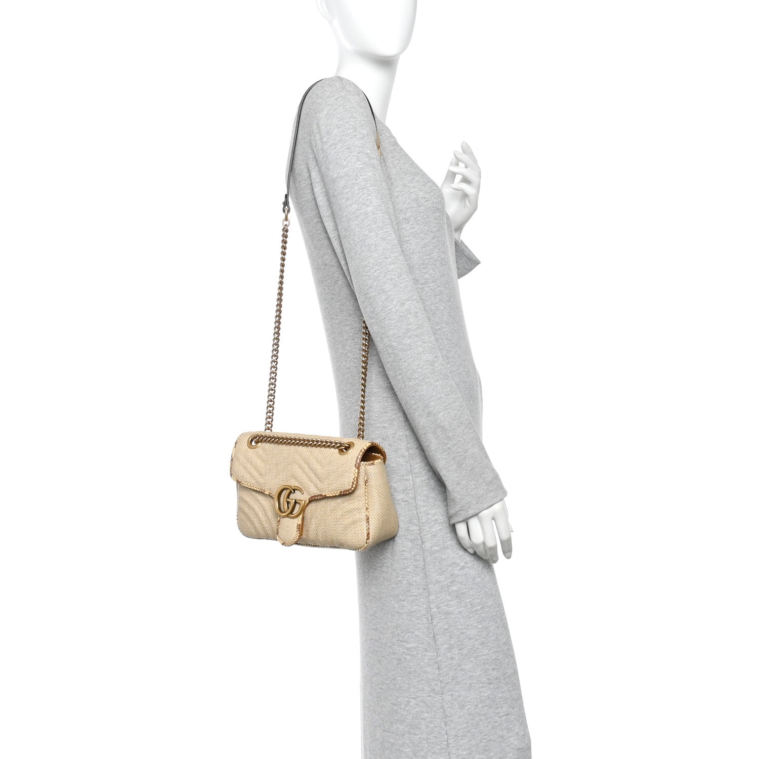 Gucci Raffia Elaphe Matelasse Small GG Marmont Shoulder Bag Natural Cream Brown 2 of 14