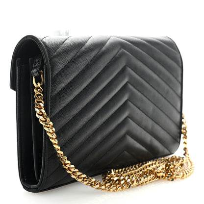 Saint Laurent Grain De Poudre Matelasse Chevron Monogram Chain Wallet Black 3 of 8