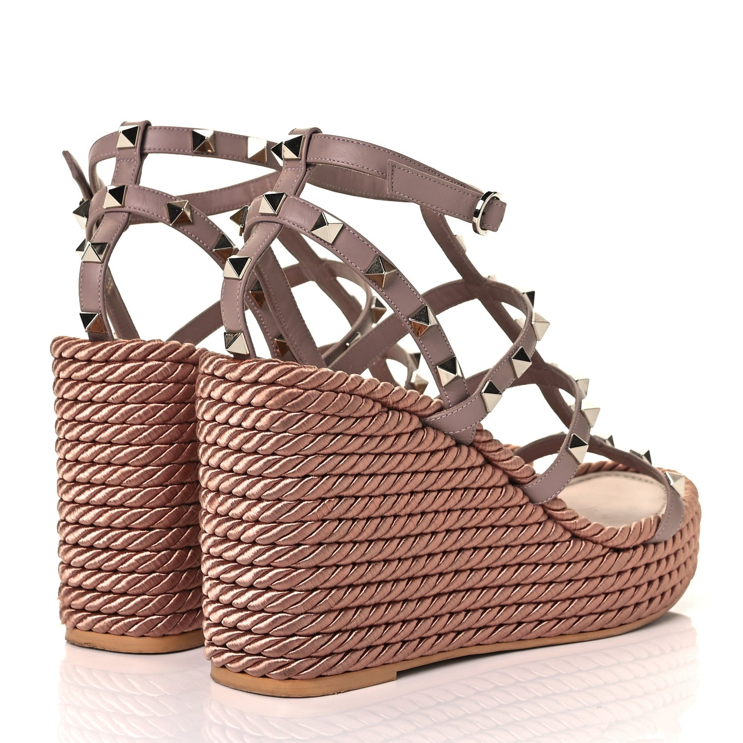 Calfskin Rockstud Ankle Strap Torchon Espadrille Caged 25/95mm Wedge Sandals 38 Poudre