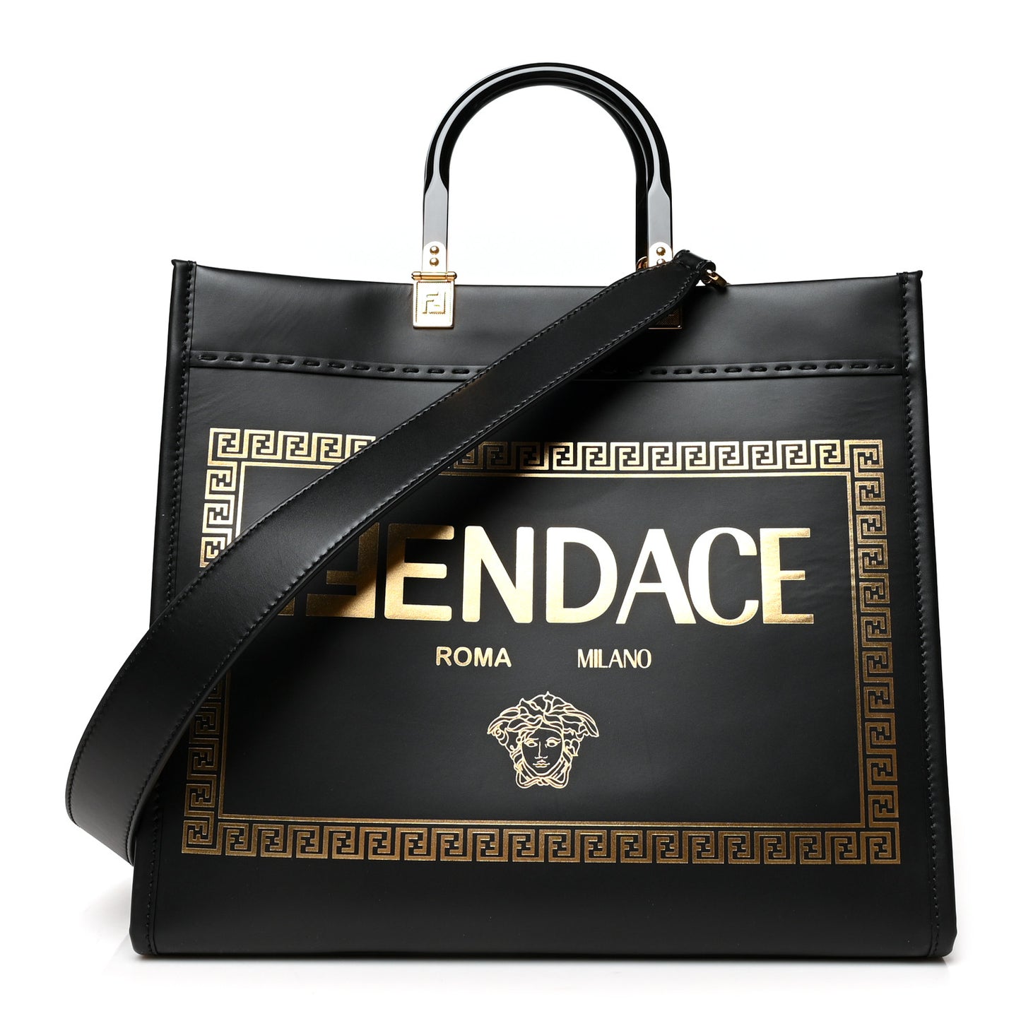 X VERSACE Calfskin Plexiglass Fendace Medium Fendi Sunshine Shopper Tote Black