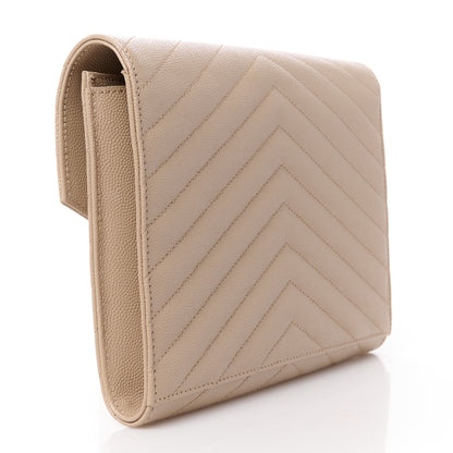 Saint Laurent Grain De Poudre Matelasse Chevron Monogram Envelope Clutch Dark Beige 3 of 11