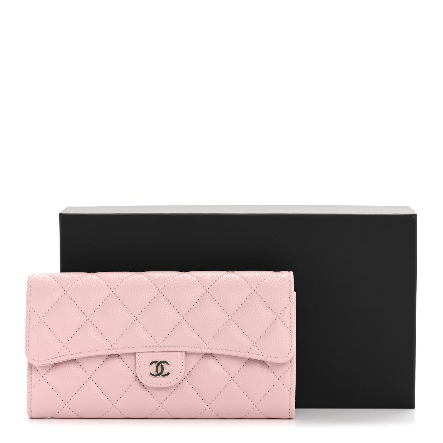 Caviar Quilted Large Gusset Flap Wallet Light Pink
