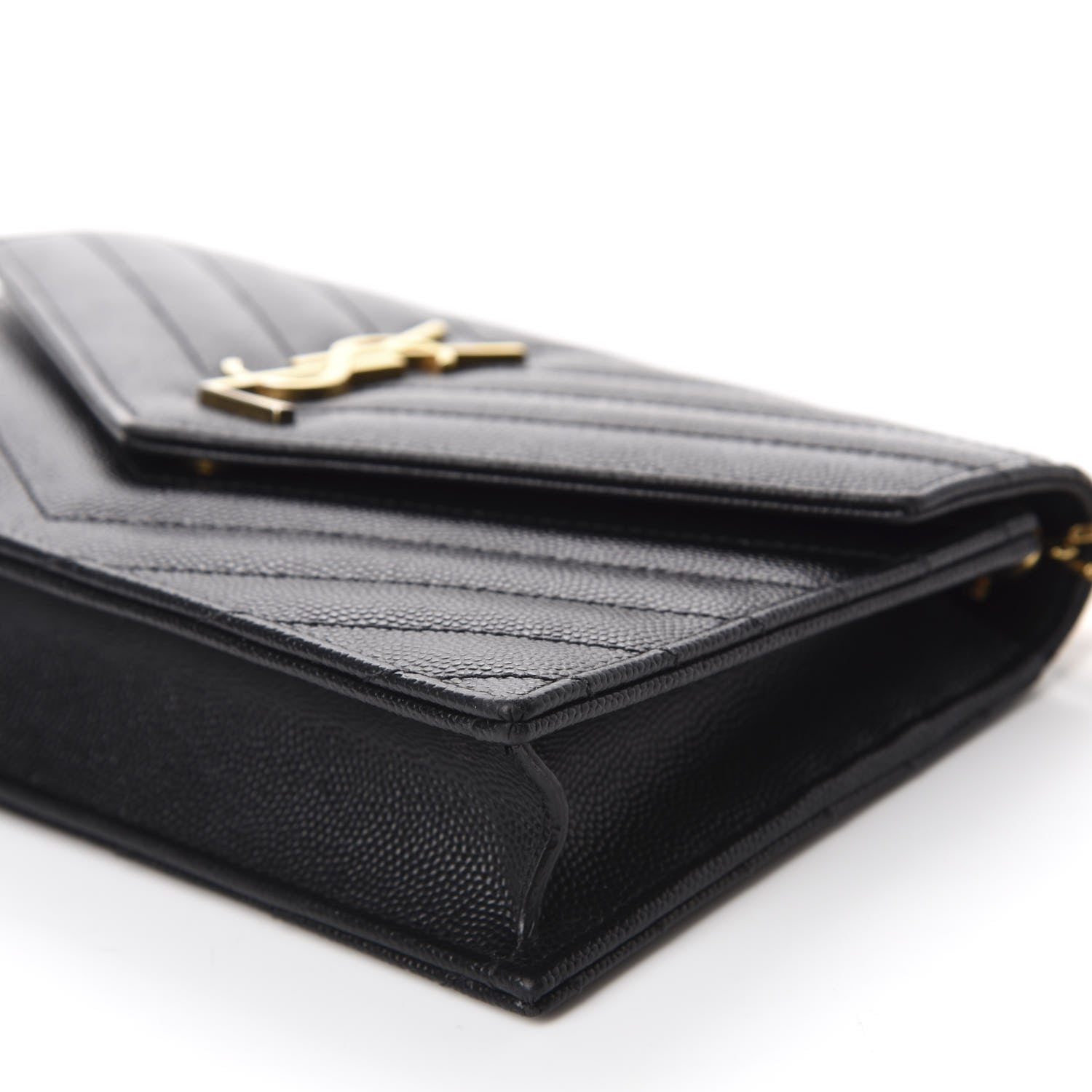 Saint Laurent Grain De Poudre Matelasse Chevron Monogram Envelope Chain Wallet Black 8 of 13