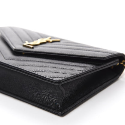 Saint Laurent Grain De Poudre Matelasse Chevron Monogram Envelope Chain Wallet Black 8 of 13