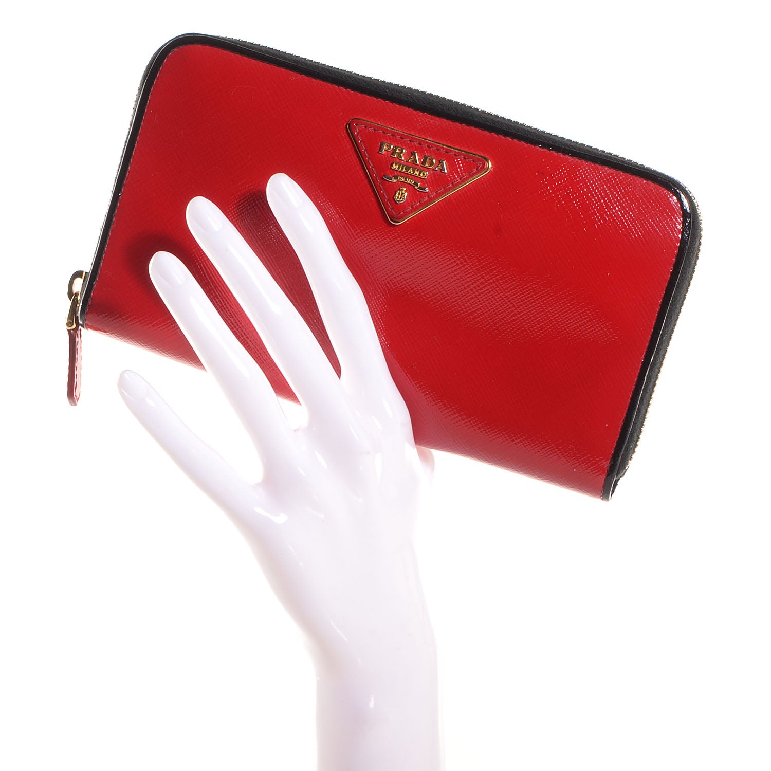 Prada Saffiano Vernice Bi-Color Zip Around Wallet Rosso Black 2 of 9