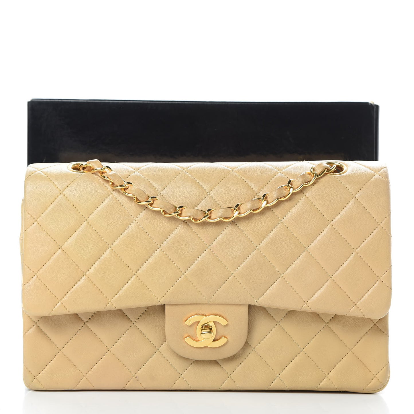 Lambskin Quilted Medium Double Flap Beige