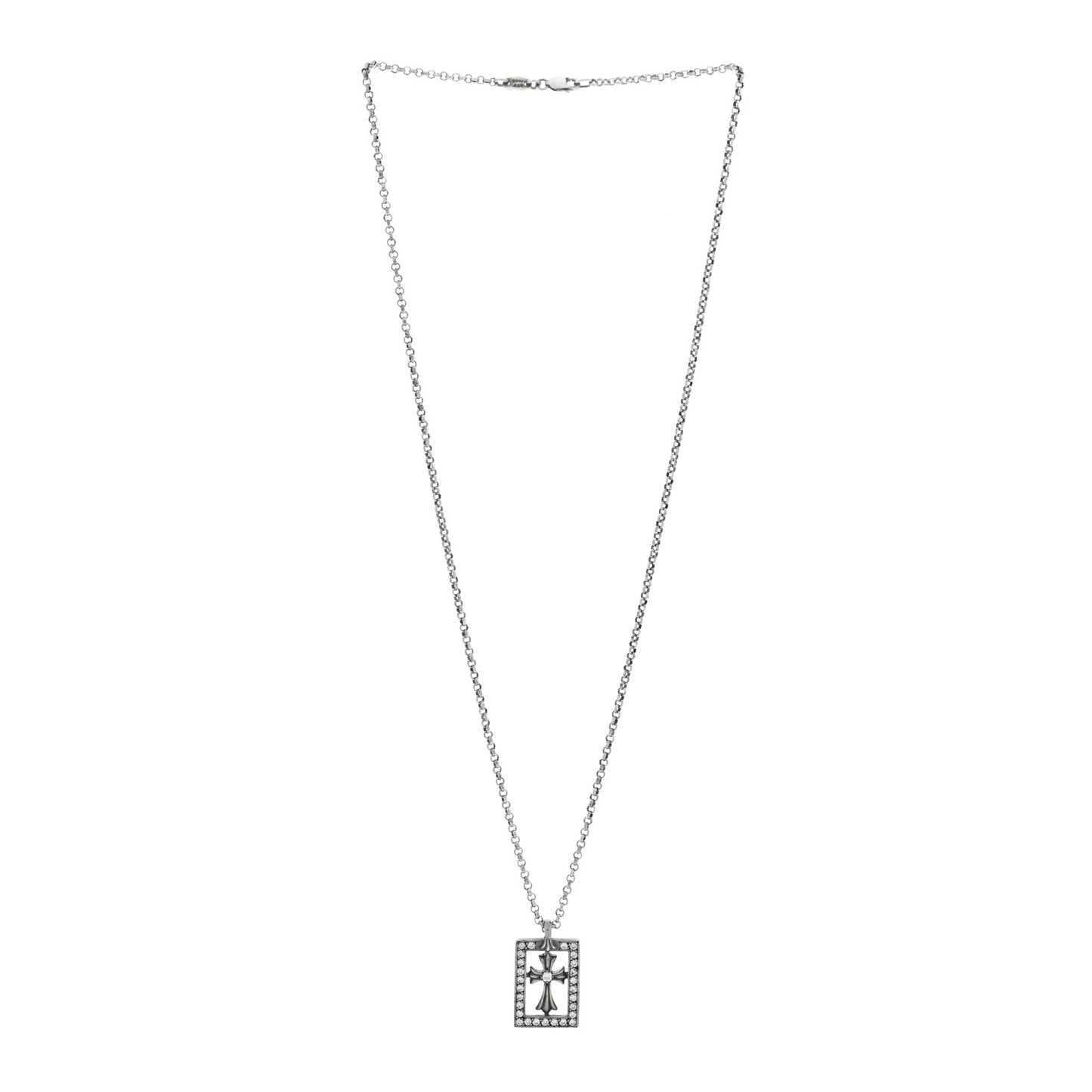 Sterling Silver Diamond Open Baby Fat Framed Cross Pendant Roll Chain Necklace