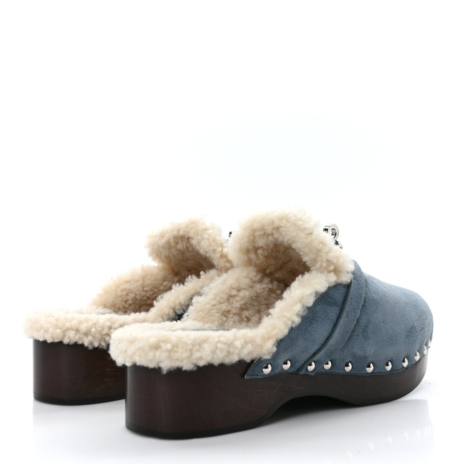 Hermes Suede Goatskin Woolskin Carlotta Mules 37 Bleu Pinede 4 of 7