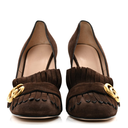 Gucci Kid Scamosciato Pearly GG Marmont Fringe 105mm Loafer Pumps 40 Cocoa 2 of 9