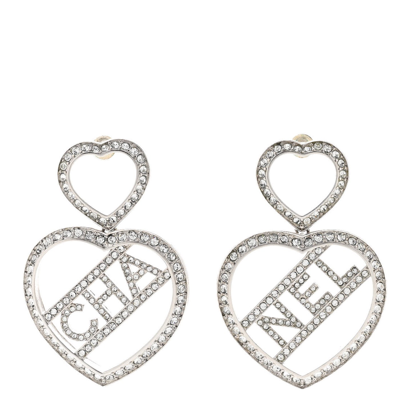 Crystal Metal CC Heart Drop Earrings Silver