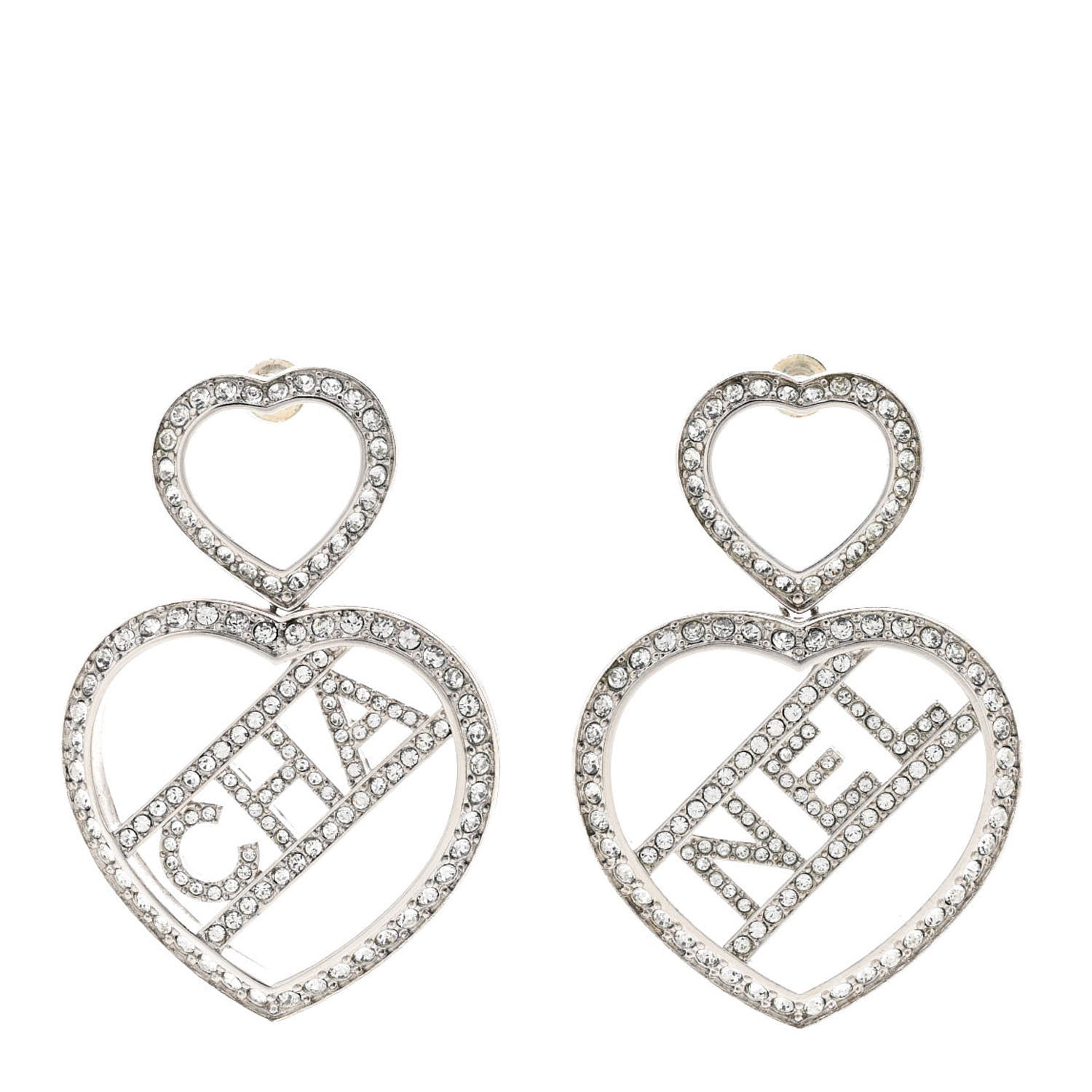 Chanel Crystal Metal CC Heart Drop Earrings Silver 1 of 5