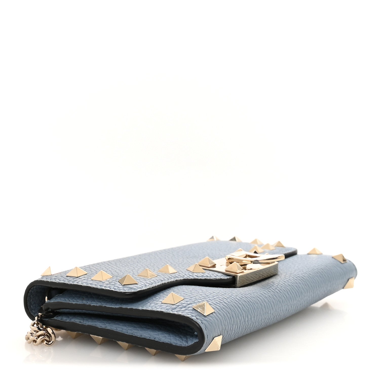 Valentino Garavani Pebbled Calfskin Rockstud Flip Lock Wallet On Chain Niagara 4 of 9