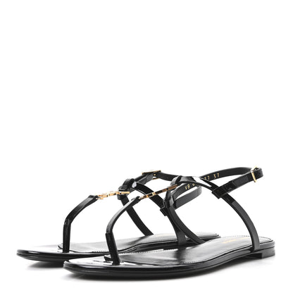 Saint Laurent Vitello Vernice Soft Cassandra 05 Monogram Flat Sandals 37 Oro Antico Black 4 of 10